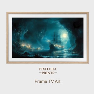 Cornice TV con nave fantasma inquietante, scena nautica spettrale, arte digitale da parete infestata, grotta e navi fantasma, decorazione misteriosa, scaricabile