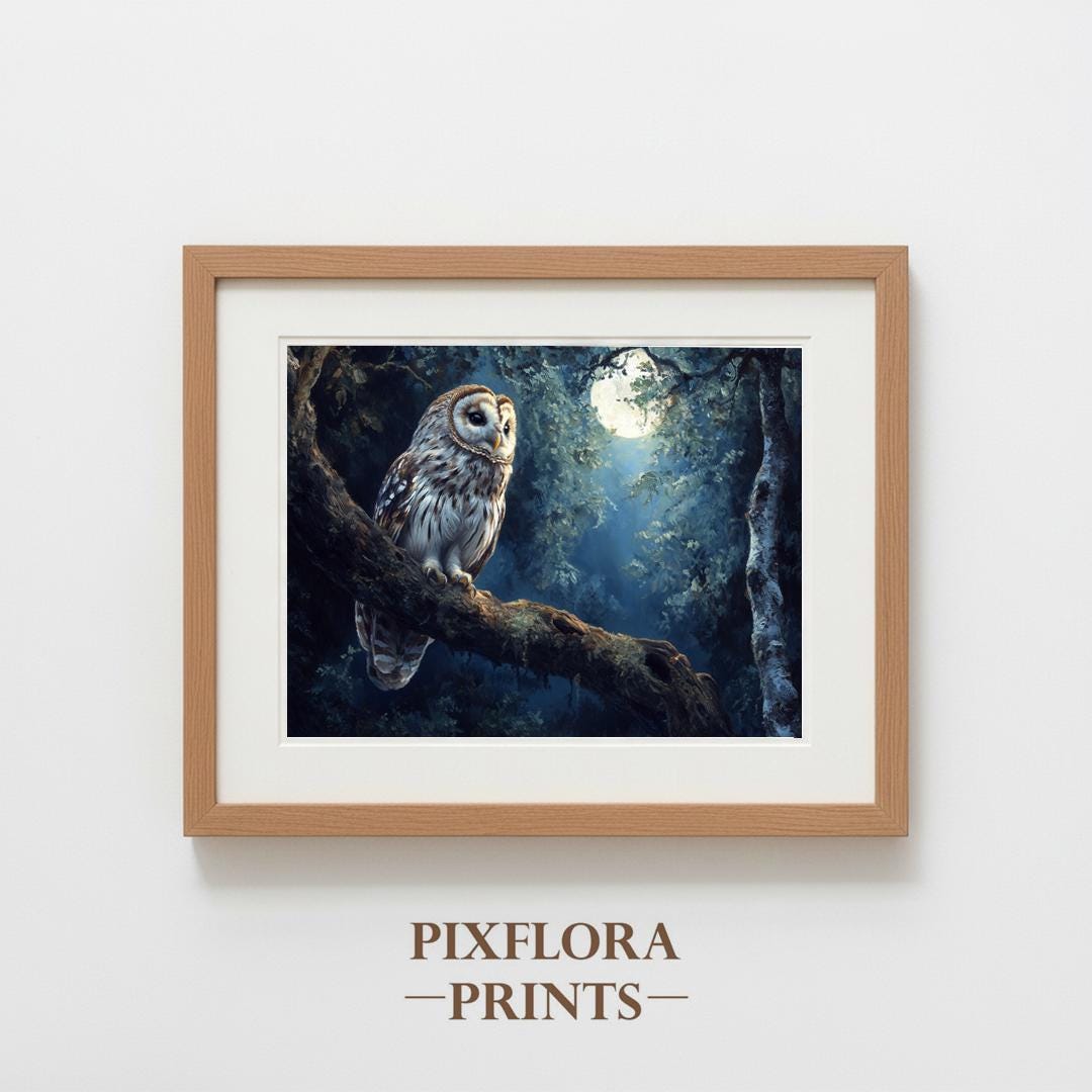 Printable Tawny Owl in Moonlit Forest - Moody Woodland Art, Atmospheric Night Scene, Rustic Country 