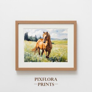Pastoral Chestnut Horse in Spring Meadow - Cottagecore Landscape Art, Warm Farmhouse Print, Serene Nature Scene, Printable Digital Download