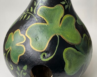 Shamrock Birdhouse Gourd Hand Painted Gourds Folk Art Shamrock Birdhouse Dried Natural Gourds