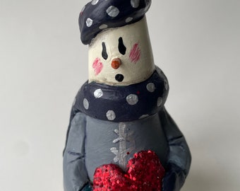 Valentine Snowman Gourd with Red Glitter Heart Folk Art Snowman Dried Natural GourdGlitter Heart