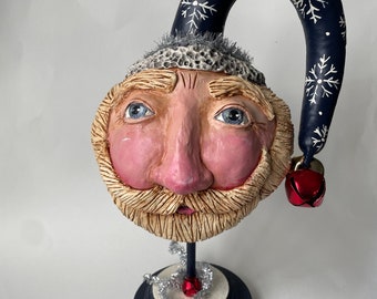 Santa Claus Gourd with Sculpted Face Folk Art Santa Claus Decoration Dried Natural Gourd OOAK Santa Christmas Decor