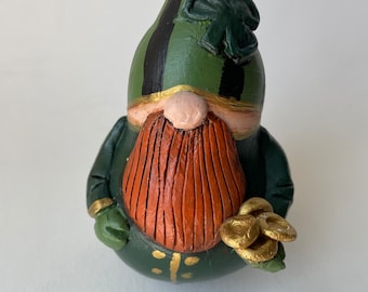 Lucky Gnome Gourd Irish Leprechaun with Gold Folk Art Leprechaun Gourd Art Figure