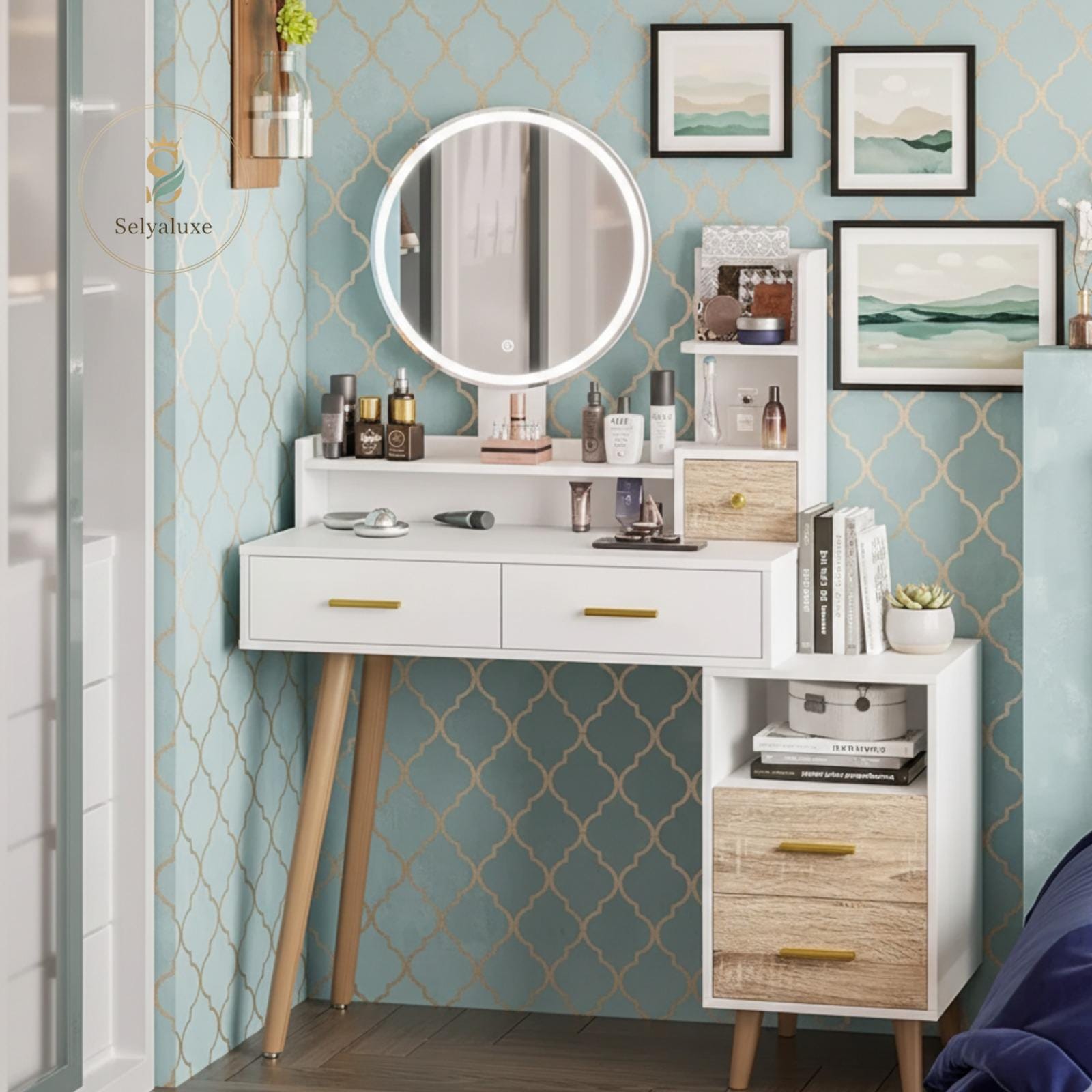 Modern White Vanity Table with LED Mirror Sliding Nightstand
