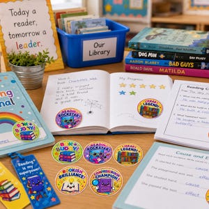 May include: A collection of educational reading materials including a My Reading Journal, a book with handwritten notes, a reading comprehension worksheet, a cause and effect worksheet, two bookmarks, and several circular stickers with reading-themed graphics.