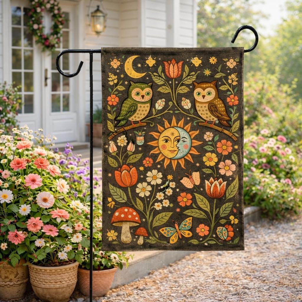 Folk Art Owl Garden Flag, Celestial Sun Moon Yard Decor, Vintage Floral Cottagecore Porch Flag, Whim