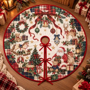 May include: A round Christmas tree skirt featuring a cream-colored center with a festive print of Santa Claus, a reindeer, a nutcracker, a rocking horse, teddy bears, ornaments, and pine branches, finished with a red border and three red ribbon ties.