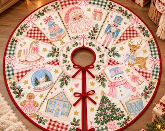 May include: A round Christmas tree skirt featuring a cream background with red and green plaid accents. The design includes illustrations of Santa Claus, a nutcracker, a reindeer, a snowman, a gingerbread person, a house, and a tree.