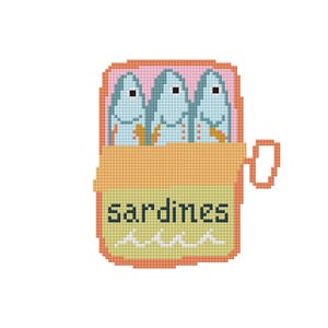 May include: A cross-stitch design of a sardine can. The can is orange with a pink top and contains three light blue fish. The word "sardines" is printed on the can in black, with a wavy line design below.