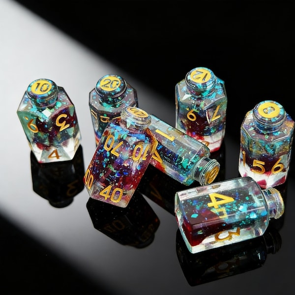 Golden Alchemist Bottle Game Gift, Polyhedral Dice Set of 7 with RPG Fantasy Potion Flask-DnD TRPG MTG, Dungeons & Dragons Tabletop Dice Set