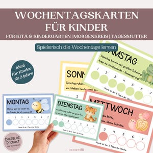 Op de afbeelding: Kleurrijke educatieve kaarten voor kinderen, met dagen van de week met illustraties van een bij, tijger, kikker en andere schattige karakters. De kaarten hebben een invulformaat om de dagen bij te houden. De tekst op de kaarten luidt "Ideal für Kinder ab 2 Jahre".
