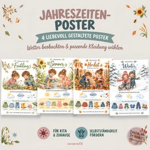 Puede incluir: Cuatro pósteres educativos titulados Jahreszeiten Poster con ilustraciones de niños en primavera, verano, otoño e invierno. Cada póster muestra iconos meteorológicos y prendas de vestir para aprender sobre el clima y elegir la ropa adecuada.