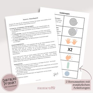 May include: A digital product featuring a Neuro-Handspiel game. The image shows instructions and illustrations for a brain training game designed for children. Includes spiral and hand symbols, and text in German.