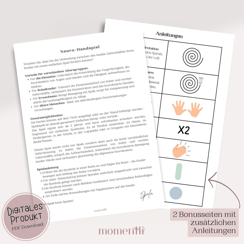 May include: A digital product featuring a Neuro-Handspiel game. The image shows instructions and illustrations for a brain training game designed for children. Includes spiral and hand symbols, and text in German.
