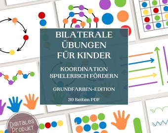 May include: A collection of colorful educational worksheets for children. The worksheets feature various exercises with dots, lines, and hand outlines in multiple colors. The central image has the text "BILATERALE ÜBUNGEN FÜR KINDER" and "39 Seiten PDF".