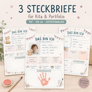 May include: Three A4-sized printable profile sheets for children titled "DAS BIN ICH" with pastel illustrations of bunting, stars, and animals. The forms include fields for name, birth date, age, height, hobbies, favourite colours, and a handprint area.