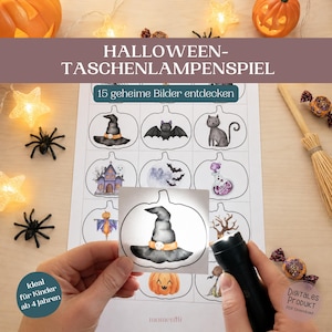 Op de afbeelding: Een printbaar Halloween-zaklampenspel met 15 pompoenvormige omtrekken met verborgen illustraties. Het blad bevat een aparte kaart met een heksenhoed, die wordt verlicht door een zwarte zaklamp om de verborgen afbeelding te onthullen.