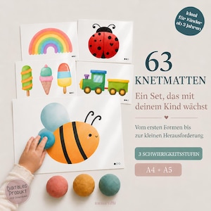 Könnte beinhalten: Ein Set aus 63 Knetmatten zum Ausdrucken mit bunten Illustrationen von Regenbogen, Marienkäfer, Eis, Zug und Biene. Der Text umfasst 63 KNETMATTEN, Ein Set, das mit deinem Kind wächst, Vom ersten Formen bis zur kleinen Herausforderung, 3 SCHWIERIGKEITSSTUFEN, A4 + A5, Ideal für Kinder ab 3 Jahren und Digitales Produkt.