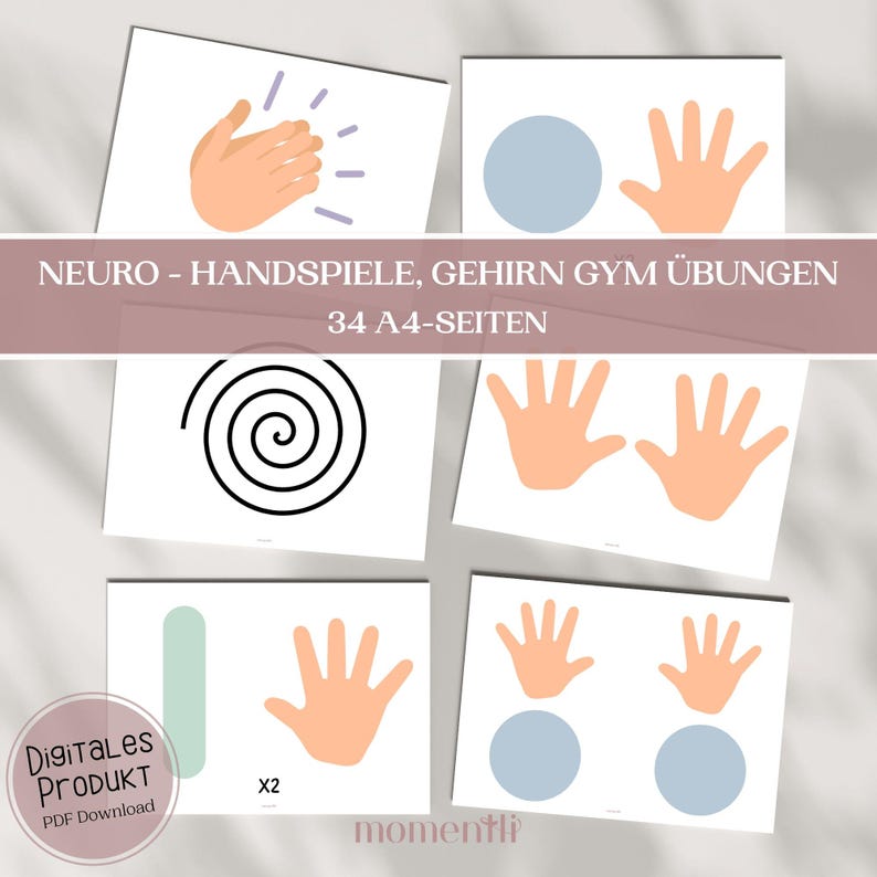 May include: A collection of educational printables featuring hand illustrations, geometric shapes, and the text "NEURO - HANDSPIELE, GEHIRN GYM &Uuml;BUNGEN 34 A4-SEITEN". The digital product includes a PDF download with various exercises.
