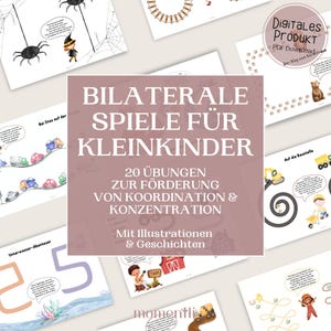 Op de afbeelding: Een verzameling printbare educatieve materialen voor jonge kinderen. De pagina's bevatten kleurrijke illustraties en activiteiten, waaronder doolhoven, teloefeningen en scènes met auto's, spinnen en bouwmachines. Tekst in het Duits is inbegrepen.