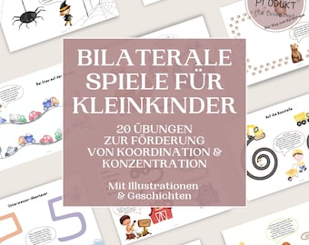 May include: A collection of printable educational materials for young children. The pages feature colorful illustrations and activities, including mazes, counting exercises, and scenes with cars, spiders, and construction vehicles. Text in German is included.