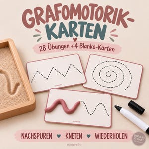 Könnte beinhalten: Ein Set aus Lernkarten mit dem Titel GRAFOMOTORIK-KARTEN mit 28 Übungen und 4 Blanko-Karten. Die Karten zeigen gestrichelte Linien zum Nachspuren, darunter Zickzackmuster und Spiralen. Ein Holztablett mit Sand, eine rosa Knetwurst und ein schwarzer Stift sind enthalten.