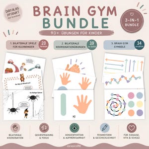 以下が含まれることがあります： BRAIN GYM BUNDLE 90+ ÜBUNGEN FÜR KINDERというタイトルのデジタルPDFバンドル。幼児向けの20のバイラテラルゲーム、39のバイラテラルコーディネーションエクササイズ、34のブレインジムシンボルの3つのセクションで構成され、手、矢印、図形のカラフルなイラストが描かれています。