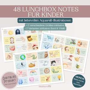 May include: A set of 48 lunchbox notes for children, featuring watercolour illustrations. Includes two sizes and two variations: colour and black & white. The notes have positive messages. Digital PDF download.