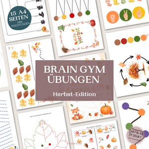 Pode incluir: Uma coleção de folhas de atividades educativas intitulada BRAIN GYM ÜBUNGEN Herbst-Edition, com ilustrações em aquarela de folhas de outono, abóboras, raposas e cogumelos, juntamente com exercícios de traçado e tarefas de coordenação manual.