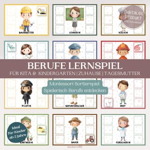 May include: An educational game with illustrations of different professions, such as a construction worker, teacher, and chef. The text "BERUFE LERNSPIEL" is visible, along with other German text. The game is designed for children aged 2 and up.