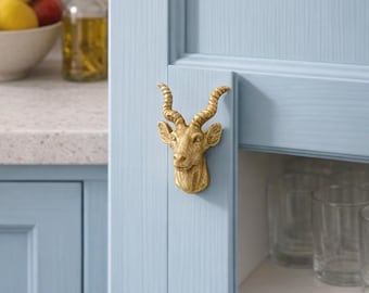 Handmade Brass Goat Head Door Handle – Rustic Cabinet Hardware