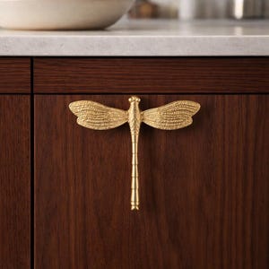 Puede incluir: Tirador de armario dorado con forma de libélula montado en una puerta de armario de madera marrón oscuro. La libélula tiene alas detalladas y un cuerpo largo y delgado. Un cuenco de fruta se encuentra en la encimera encima del armario.