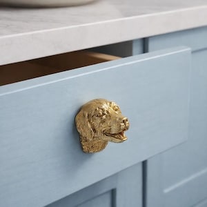 Pode incluir: Puxador de gaveta dourado em forma de cabeça de cão em um armário azul claro. A gaveta está parcialmente aberta, revelando o interior. A cabeça do cão é detalhada com pelos e traços faciais, adicionando um toque decorativo.
