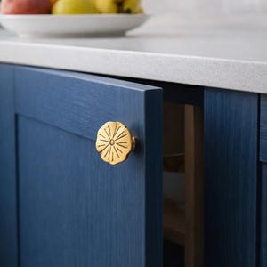 May include: A navy blue cabinet door with a gold flower-shaped knob. The door is ajar, showing the interior. A white countertop and a bowl of fruit are in the background. The cabinet is part of a kitchen.