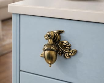 Handmade Solid Brass Acorn Knob, Nature Inspired Drawer Pull