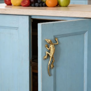 Puede incluir: Un tirador de armario dorado con forma de lagarto está montado en una puerta de armario azul claro. La puerta está ligeramente entreabierta, revelando el interior. Varias frutas son visibles en la encimera encima del armario.