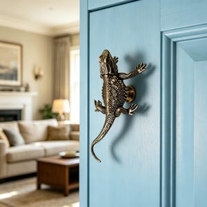 May include: A bronze-colored door handle shaped like a lizard is mounted on a light blue door. The lizard has detailed scales and outstretched limbs. The door is part of a room with a sofa, coffee table, and fireplace.