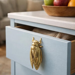 Puede incluir: Un cajón pintado de azul claro con un tirador dorado en forma de insecto. El cajón está parcialmente abierto, revelando un interior de madera. Un cuenco de madera con fruta encima.