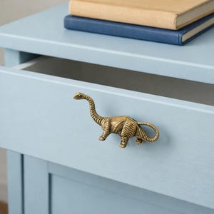 Puede incluir: Un tirador de cajón con forma de dinosaurio de color latón está montado en un armario azul claro. El dinosaurio tiene un cuello y una cola largos, con una textura detallada. Dos libros están apilados encima del armario.