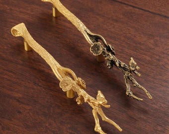 Handmade Brass Branch Cabinet Pull - Rustic Tree Twig Door Handle
