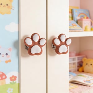 Könnte beinhalten: Zwei Schrankknöpfe in Form eines Pfotenabdrucks. Die Knöpfe sind braun mit weißen Pads und an einer cremefarbenen Schranktür befestigt. Der Hintergrund zeigt ein Kinderzimmer mit einem Regal voller Bücher und Spielzeug.