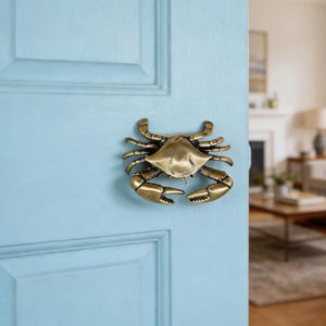 Peut inclure: Un heurtoir de porte en laiton en forme de crabe, monté sur une porte bleu clair. Le heurtoir est une sculpture détaillée d'un crabe avec ses pinces déployées. La porte est peinte en bleu clair uni.