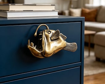 Solid Brass Anglerfish Drawer Pull, Ocean Animal Cabinet Handle