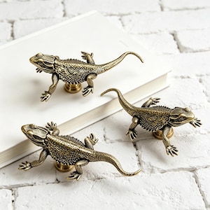 May include: Three bronze-colored lizard-shaped cabinet knobs. The knobs are detailed with textured scales and are mounted on small, round bases. The lizards are posed as if crawling, with their legs extended. The knobs are displayed on a white surface.