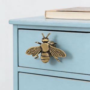 Może przedstawiać: Mosiężny uchwyt do szuflady w kształcie pszczoły jest zamontowany na jasno niebieskiej pomalowanej szufladzie. Pszczoła ma szczegółowe skrzydła i segmenty ciała. Mała książka spoczywa na górze szuflady. Uchwyt jest dekoracyjny.