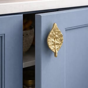 Peut inclure: Un bouton de meuble doré en forme de feuille est monté sur une porte d'armoire bleu clair. La poignée en forme de feuille présente des nervures détaillées. La porte de l'armoire est légèrement entrouverte, révélant l'intérieur. Un bol de fruits en bois est sur le comptoir.