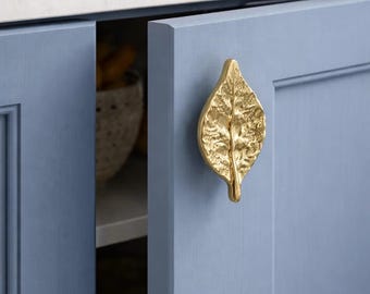 Handmade Brass Leaf Cabinet Handle, Nature Inspired Drawer Pull