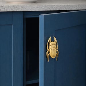 May include: A brass beetle-shaped cabinet pull is mounted on a deep blue cabinet door. The door is slightly ajar, revealing a glimpse of the cabinet interior. A bowl of fruit sits on the countertop above.