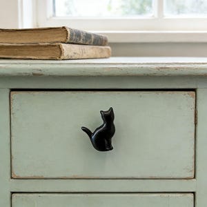May include: A black cat-shaped drawer pull is mounted on a light blue drawer. The drawer is part of a distressed-look cabinet. Two antique books are on the cabinet top near a window.