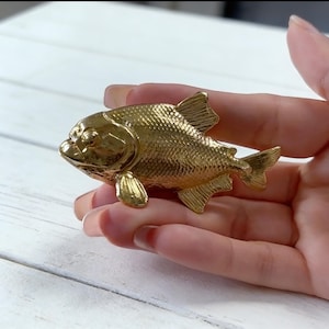 Könnte beinhalten: Goldfarbene Fischbrosche mit strukturierten Schuppen und Flossen. Die Brosche wird in einer Hand gehalten, wodurch ihr detailliertes Design und ihr metallischer Glanz zur Geltung kommen. Der Fisch hat einen abgerundeten Körper und markante Flossen.